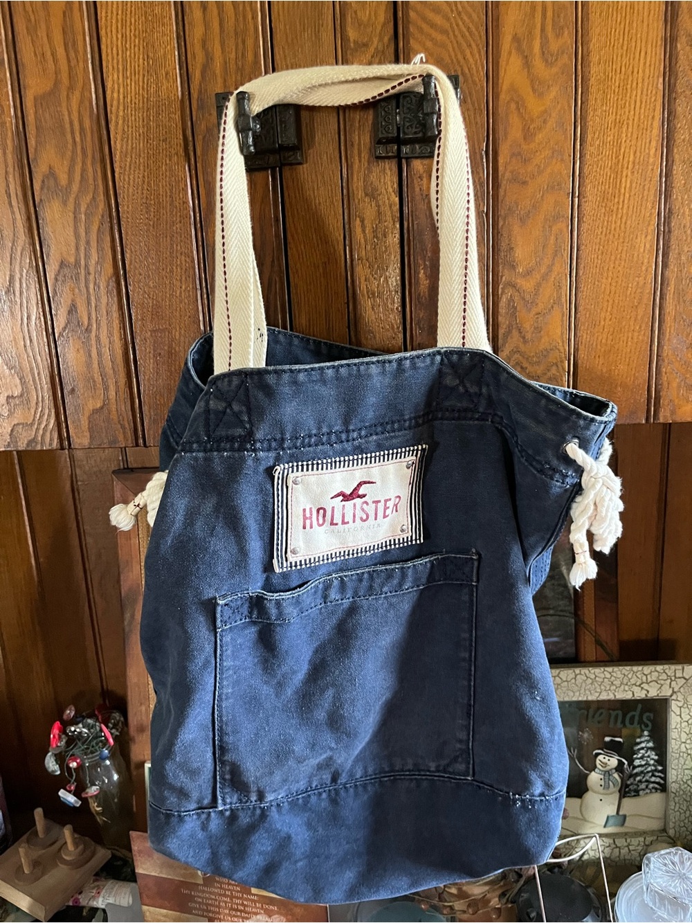 Hollister Navy Canvas Tote with Cream Webbed Straps